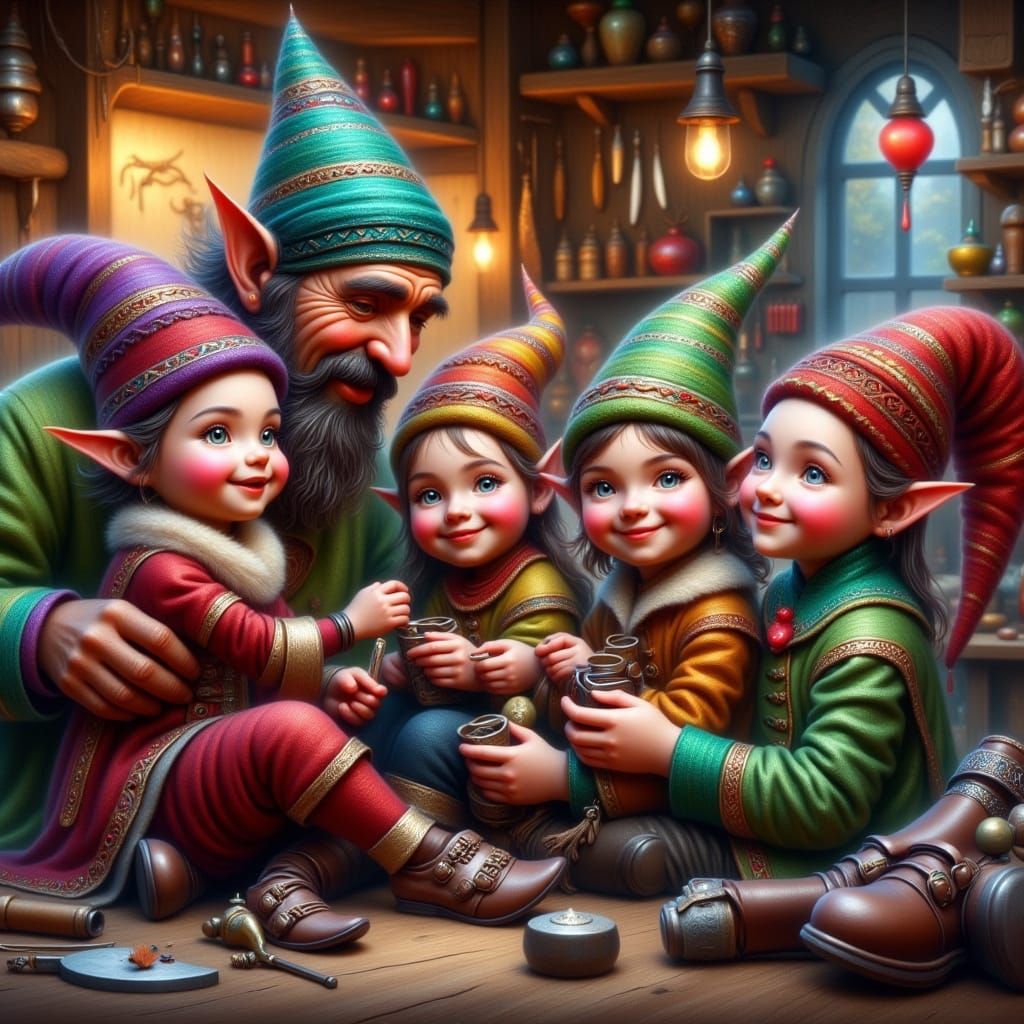 Shoemaker and Elves in a Vibrant, Detailed Shoe Repair Shop