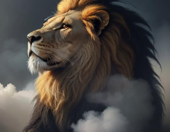 Dramatic Lion Portrait in Fog, Digital Matte Painting