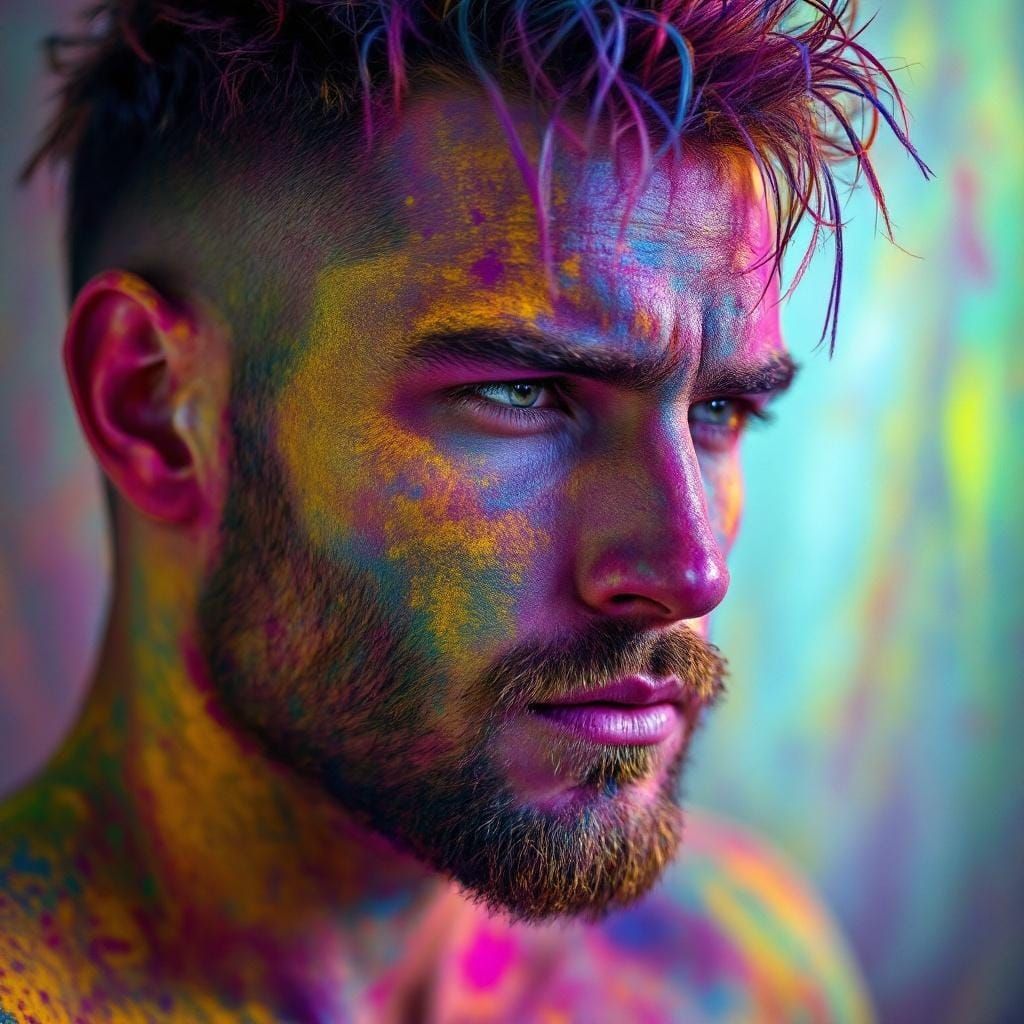 Muscular Man With Rainbow Painted Skin in Luminous Room