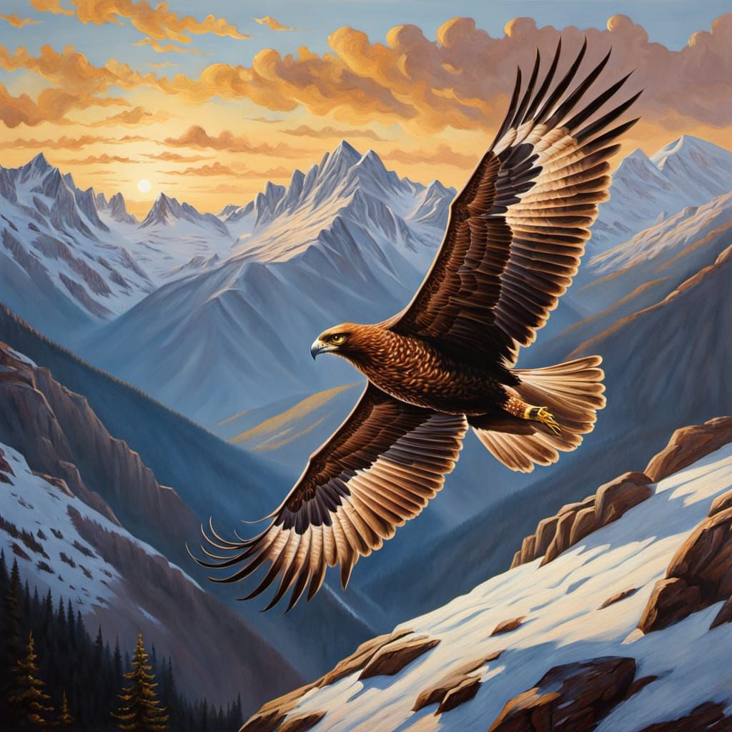 Golden Hour Alpine Masterpiece with Eagle and Ibex