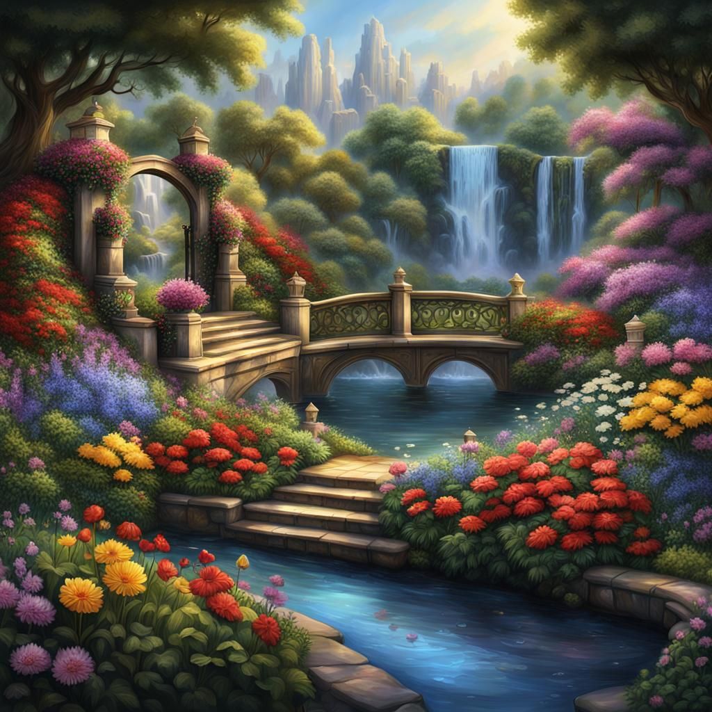 Enchanted Garden Waterfall: Detailed Matte Painting