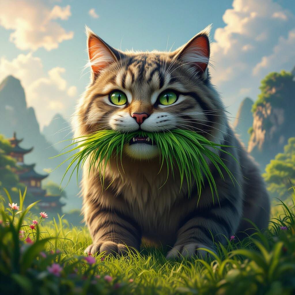 Giant Cat in Asian Landscape, Matte Painting Style