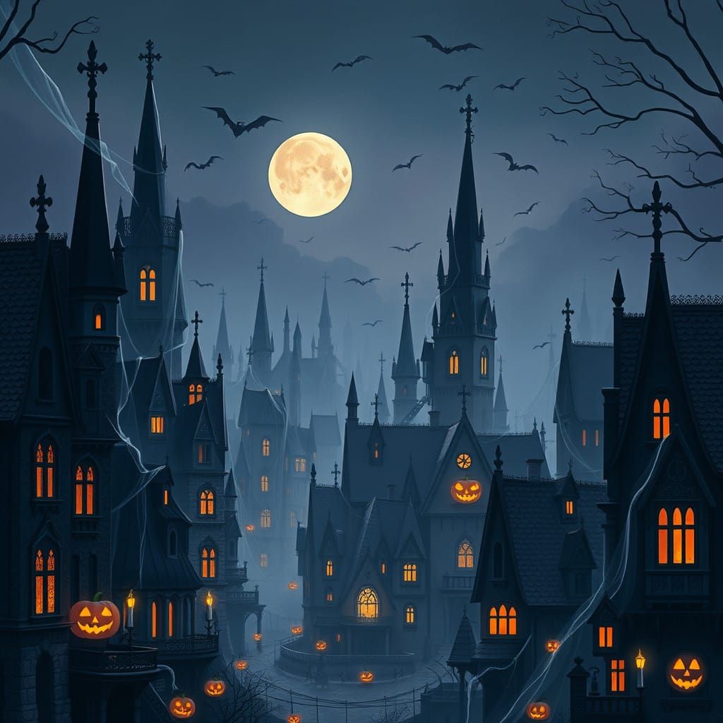 Ethereal Victorian Gothic Halloween Townscape in Deep Blues....