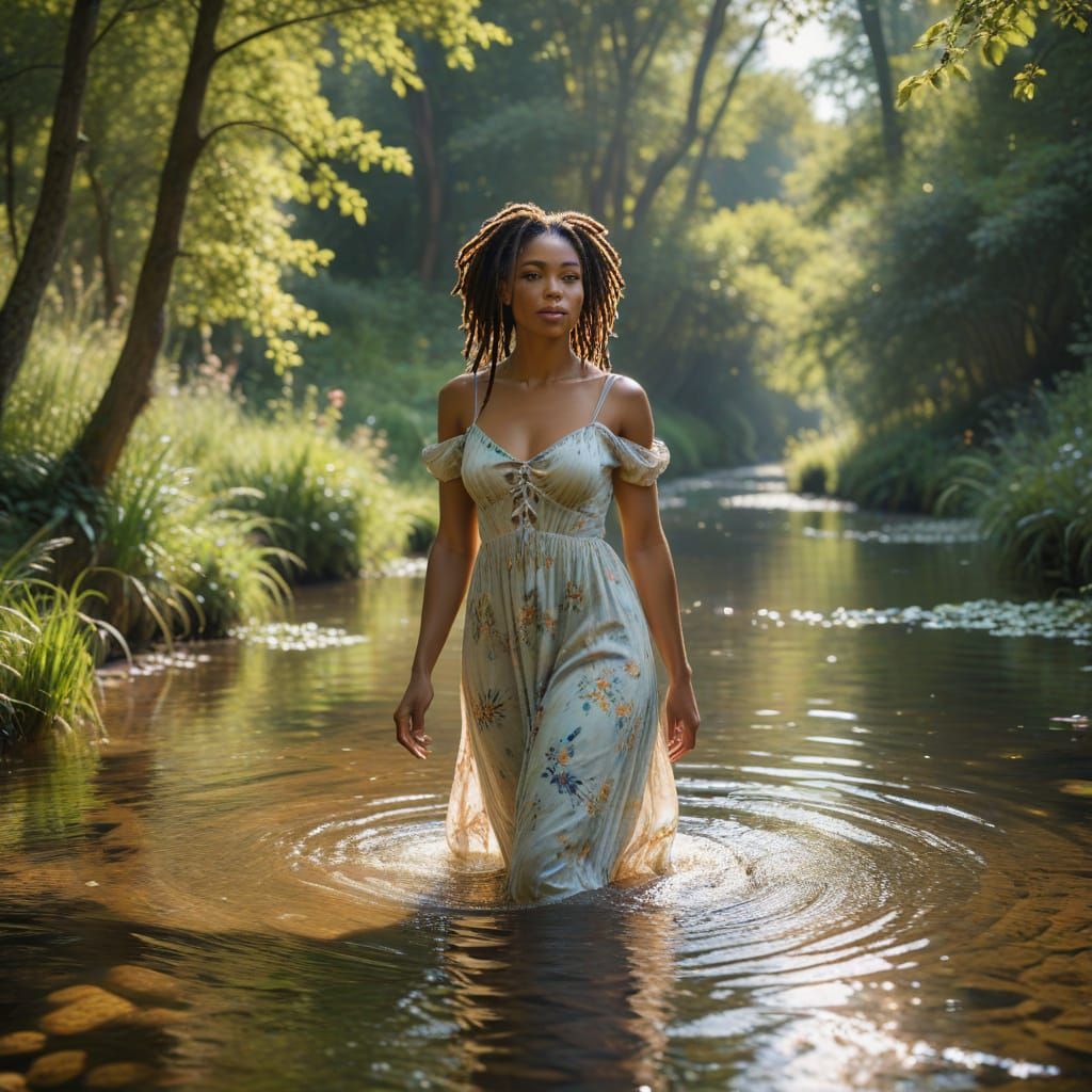 Serene Black Woman Wades in Forest Stream with Summer Dress