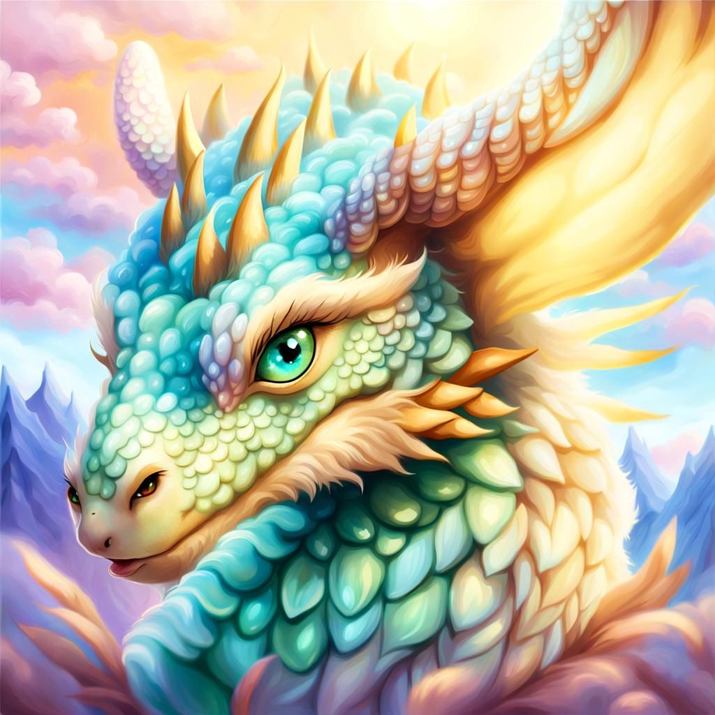 Dreamy Dragon with Angelic Wings in Fantasy Landscape