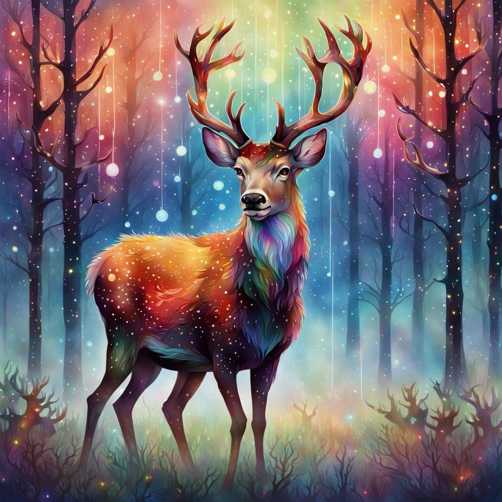 Christmas Deer Soaring Under Northern Lights