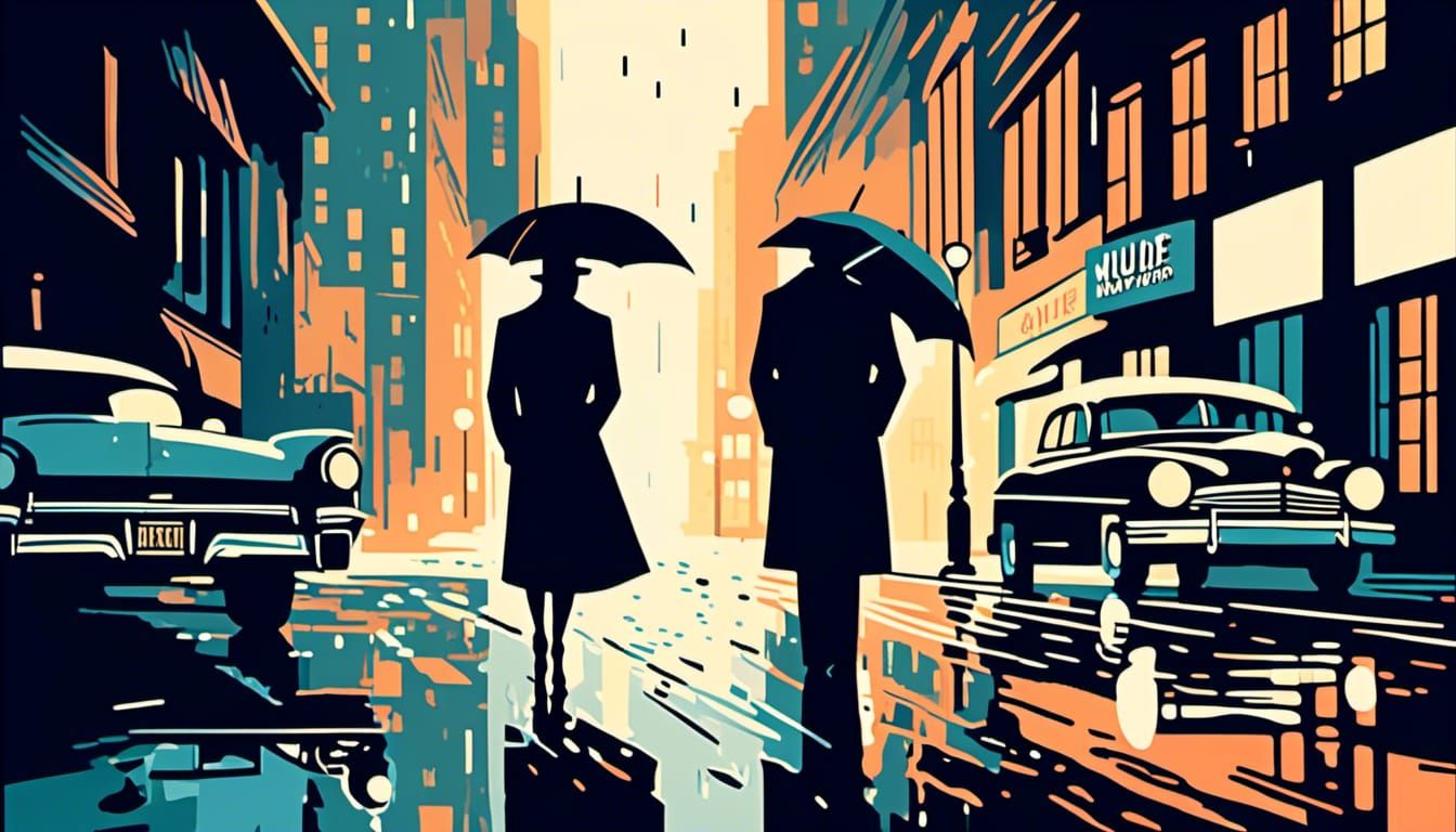 Film Noir Figure in Rainy City Street