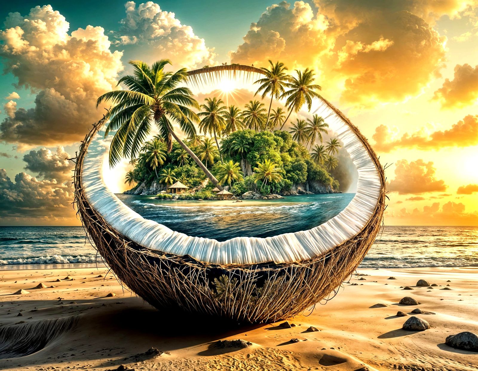 Fantasy Island Inside Coconut, Hyperrealistic Tropical Vibe