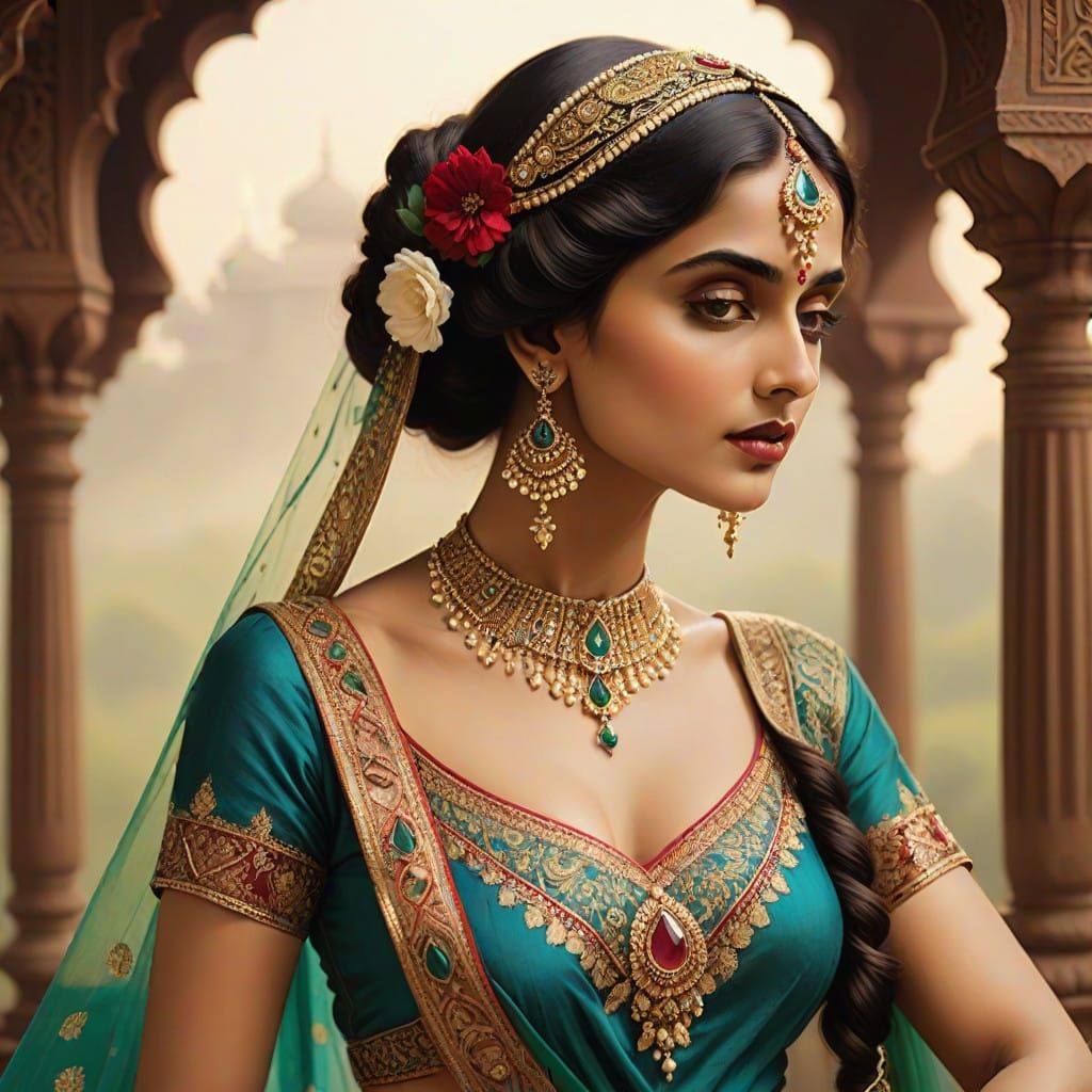 Indian-Inspired Dancer in Majestic, Ornate Costume