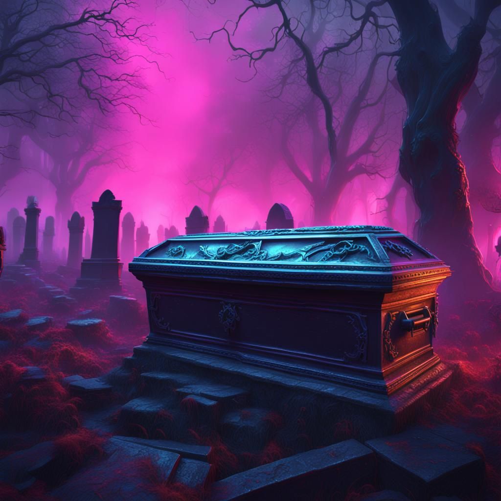 Neon Coffin in foggy Graveyard