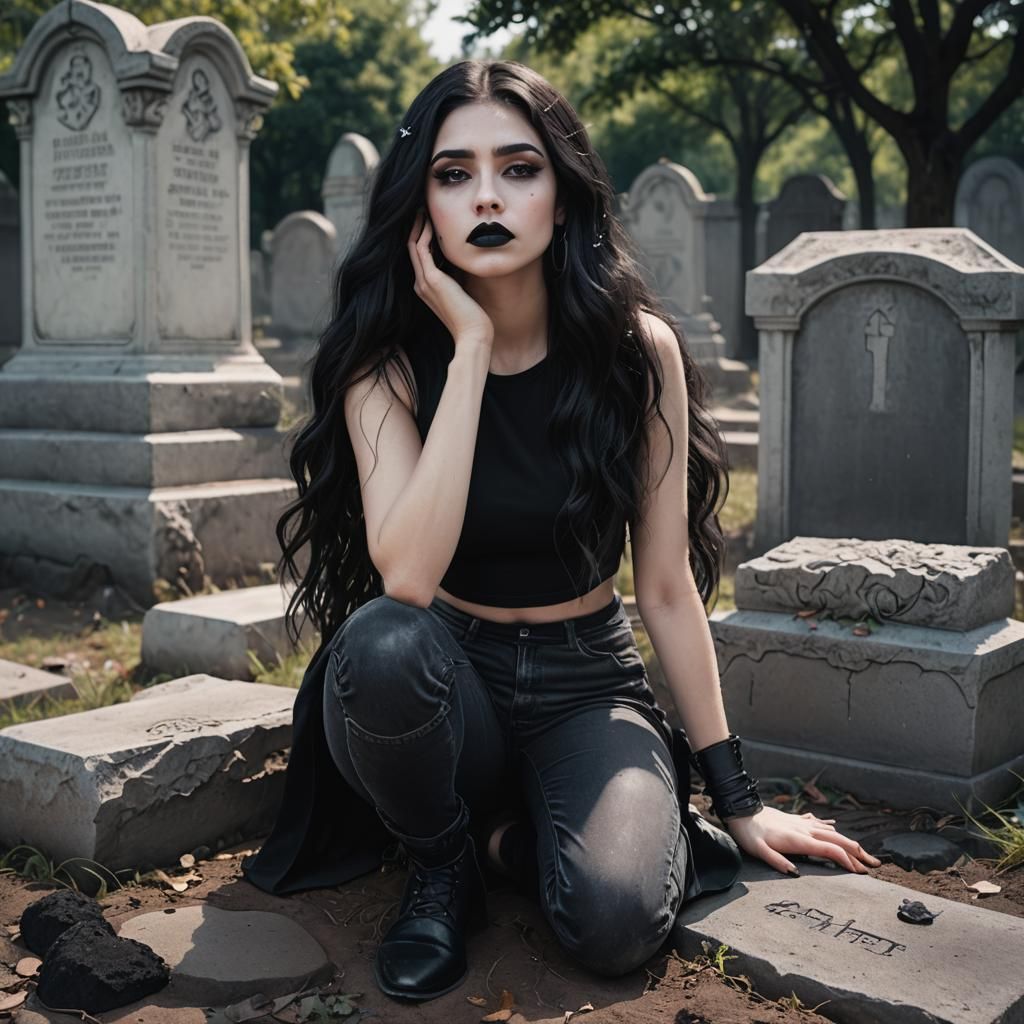 Girl with Black Lipstick in Graveyard, Hyperrealistic Art