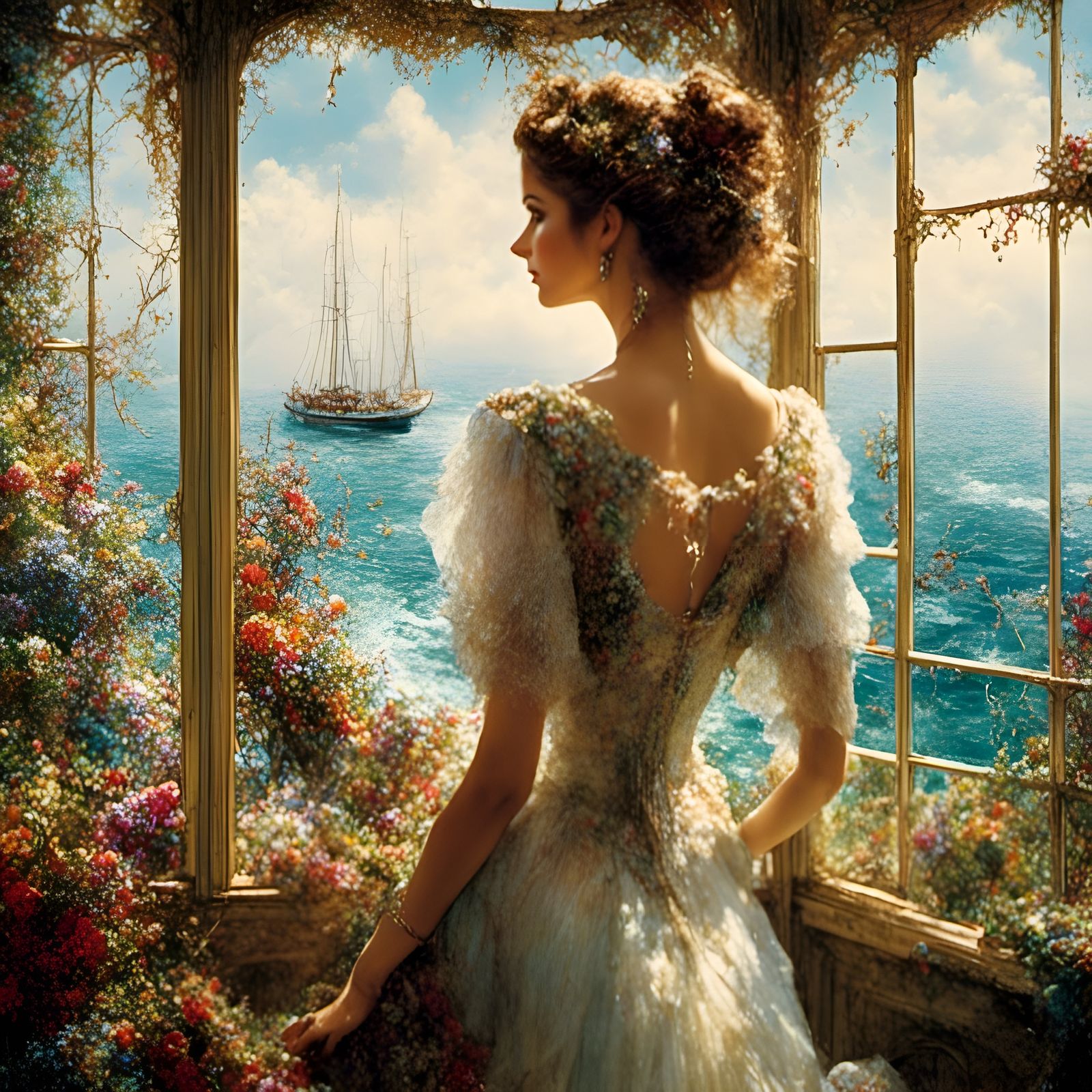 Woman Gazing at Boat with Rainbow Colors