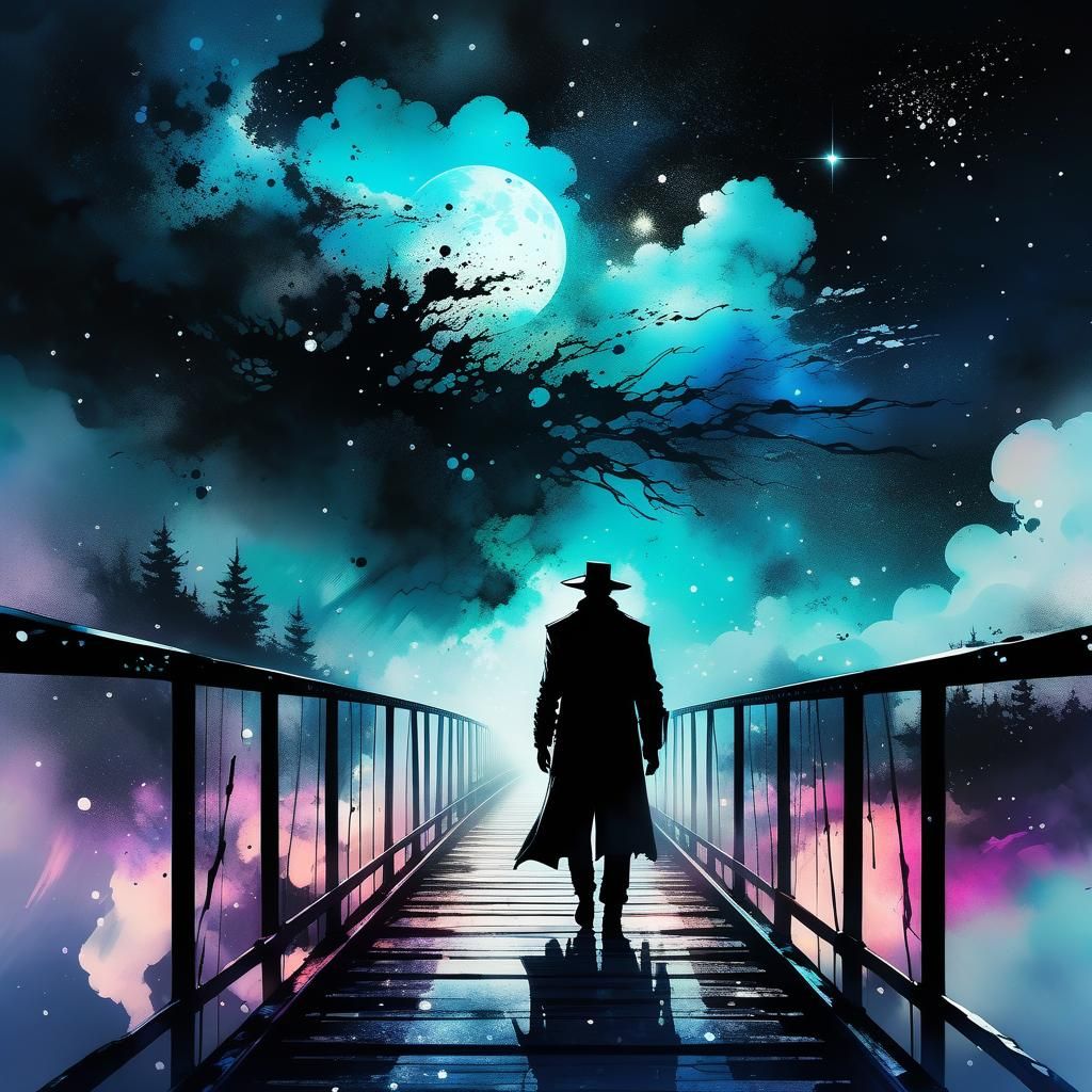 Shadowy Figure on Misty Bridge: Alcohol Ink Art