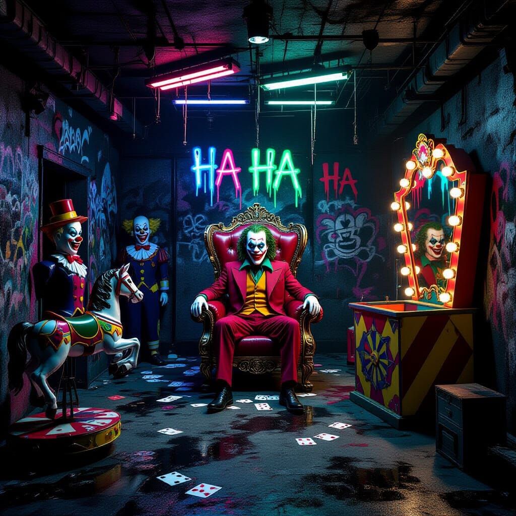 Joker's Chaotic Lair: Neon Hideout with Clown Props