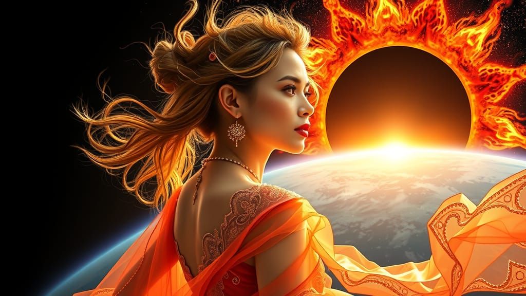 Divine Solar Goddess in Iridescent Gown with Ethereal Wings