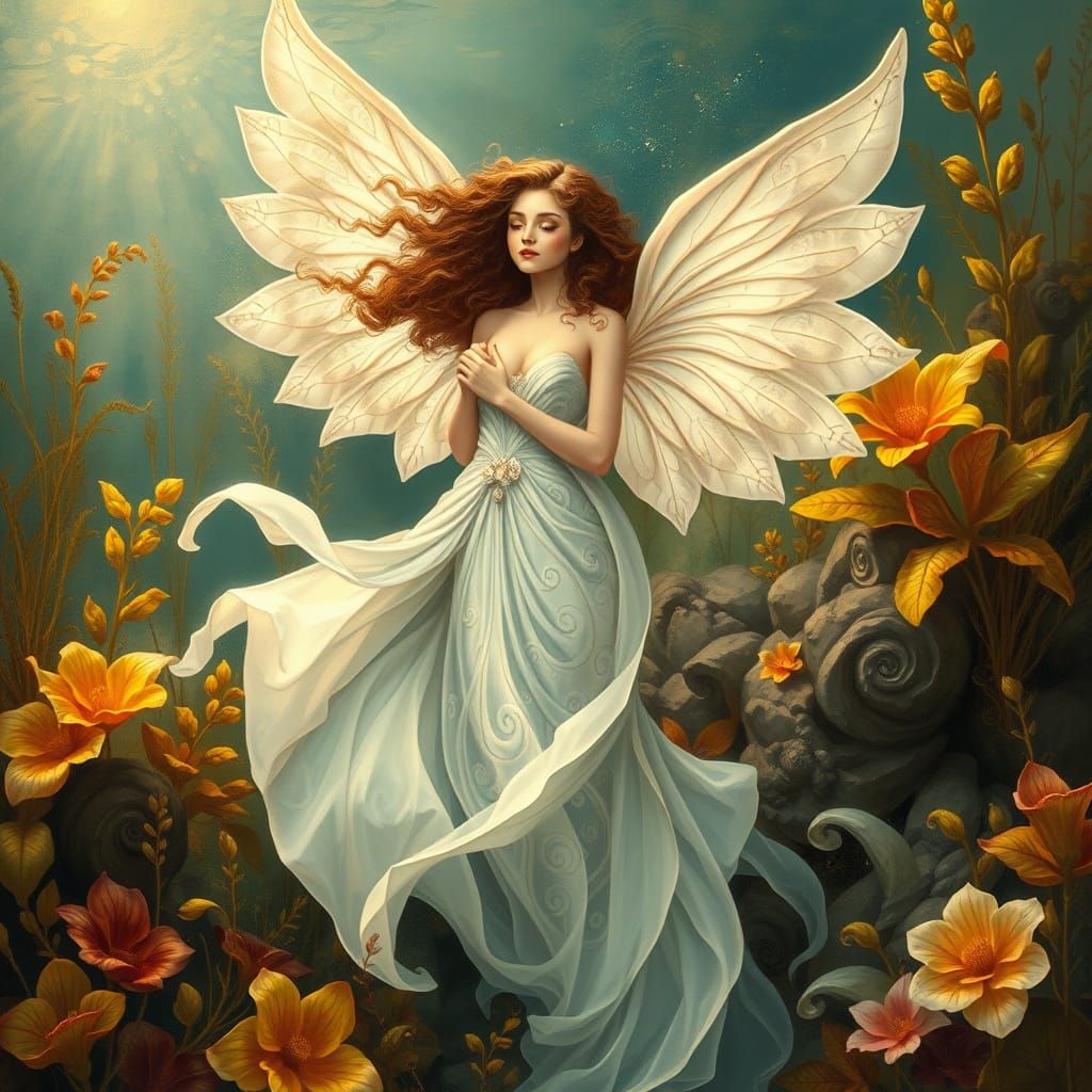 River Goddess in Art Nouveau Style with Delicate Wings