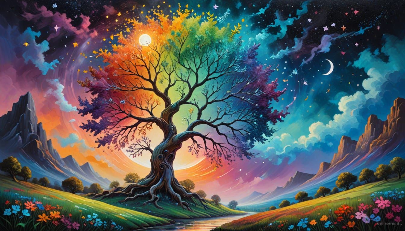 Vibrant Tree of Life in Cosmic Dreamscape