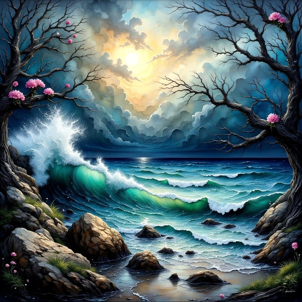 Surreal Stormy Seascape in Impasto Oil Painting Style