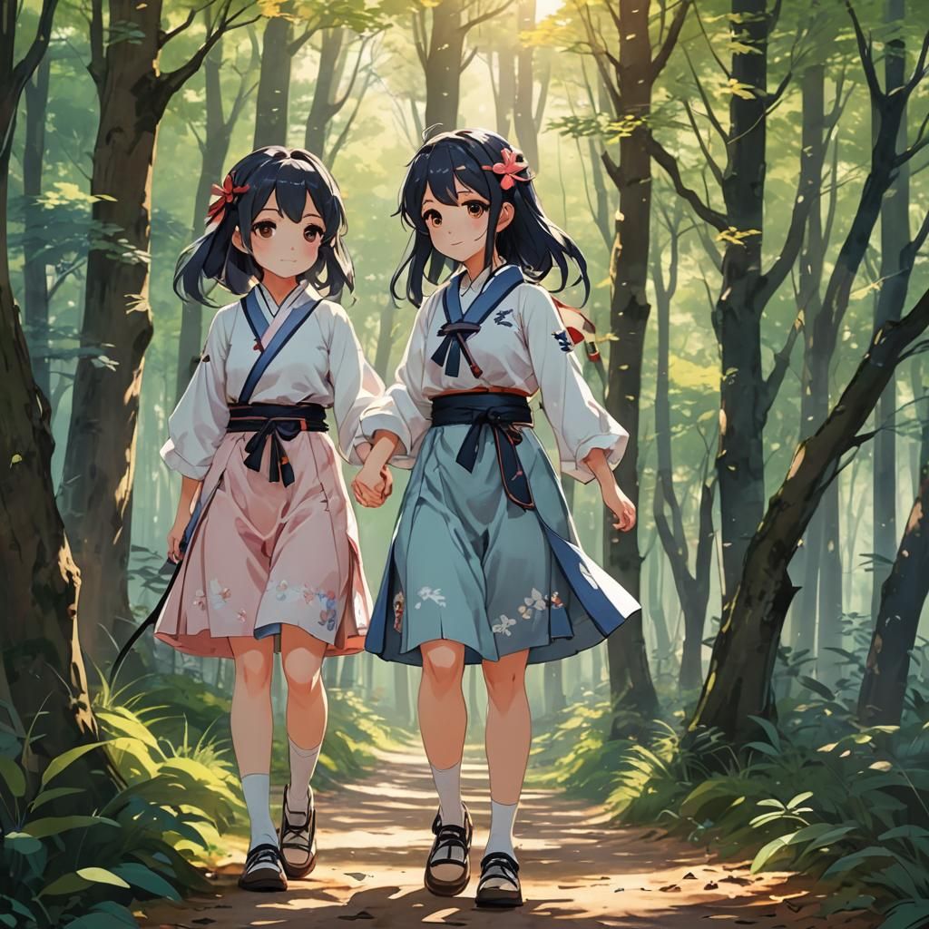 Anime Girls Holding Hands in Forest: Watercolor Style