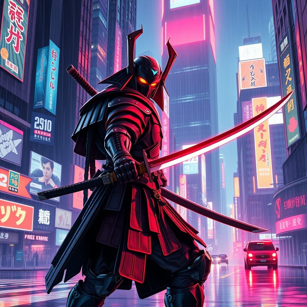 Futuristic Shogun Warrior in Neon Cityscape