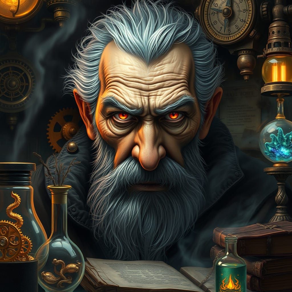 Weathered Warlock Stares Out from Dieselpunk Workshop