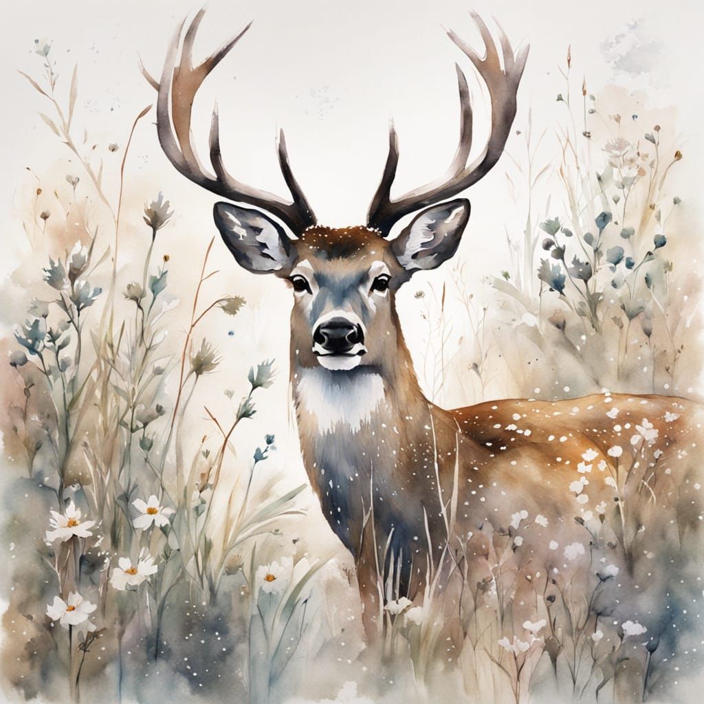 Realistic Watercolor Deer in Snowy Winter Landscape