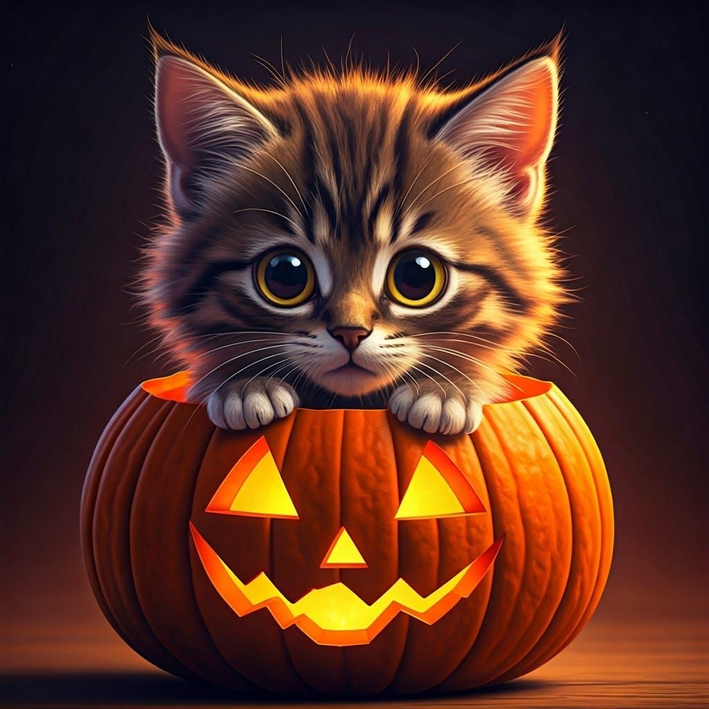 Kitten in Pumpkin: Surreal Halloween Illustration