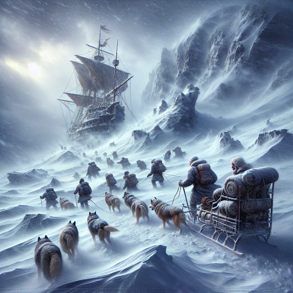 Arctic Expedition in Blizzard: Detailed Matte Painting