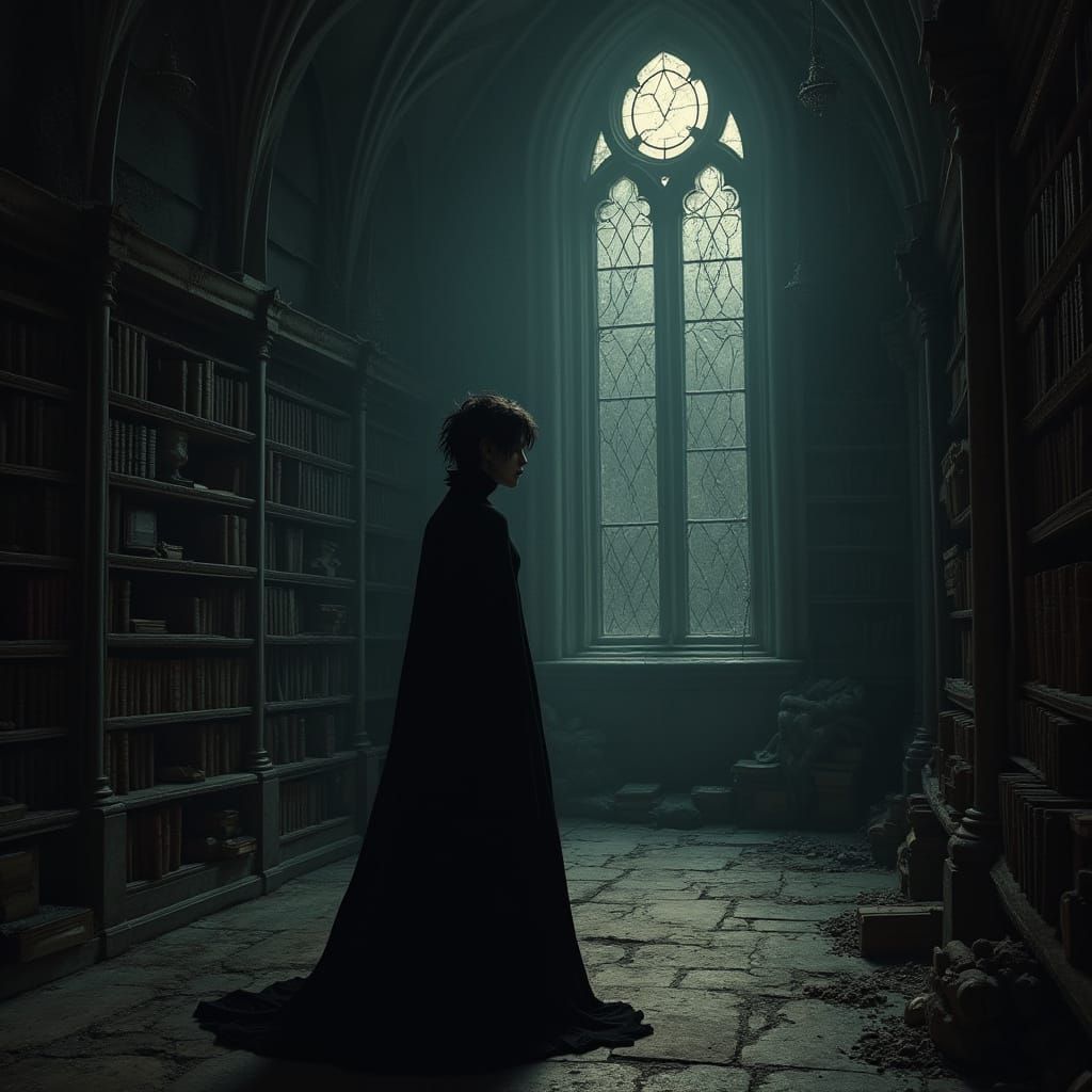 Melancholic Vampire in Gothic Library, Dark Romanticism