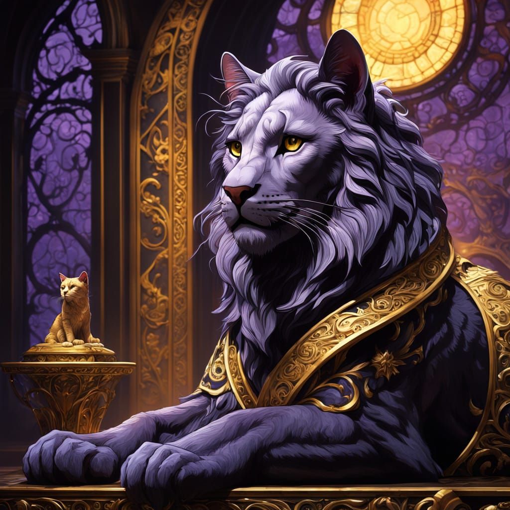 Regal Lion Dominates Dark Fantasy Backdrop