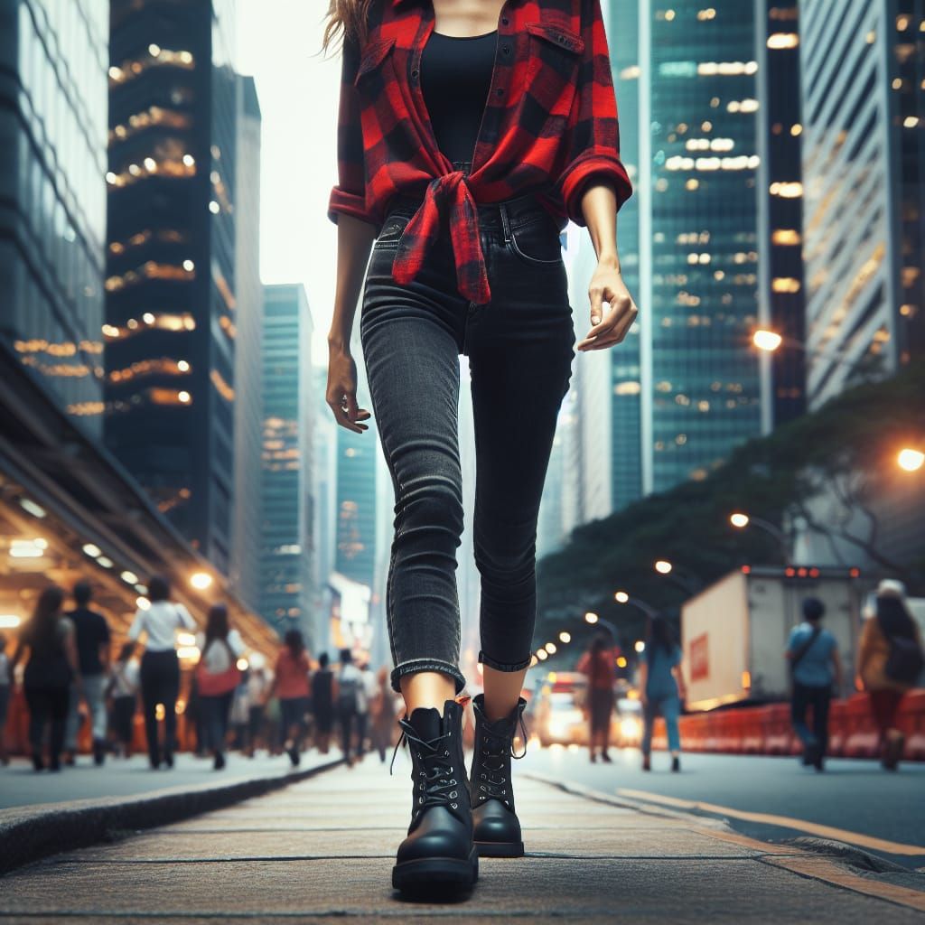 Woman in Red Plaid Walking Down City Street