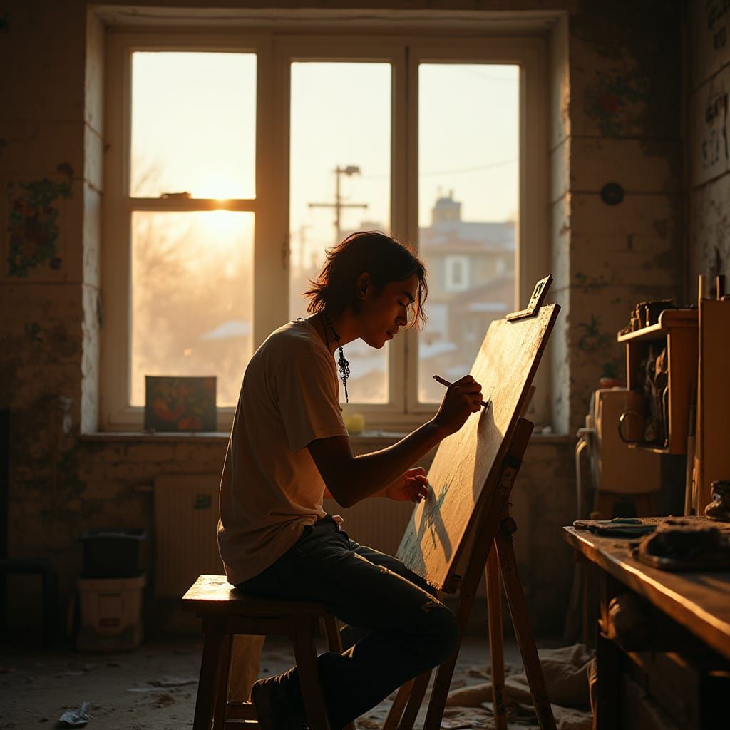 Asian American Man Painting in Sunlit Urban Studio