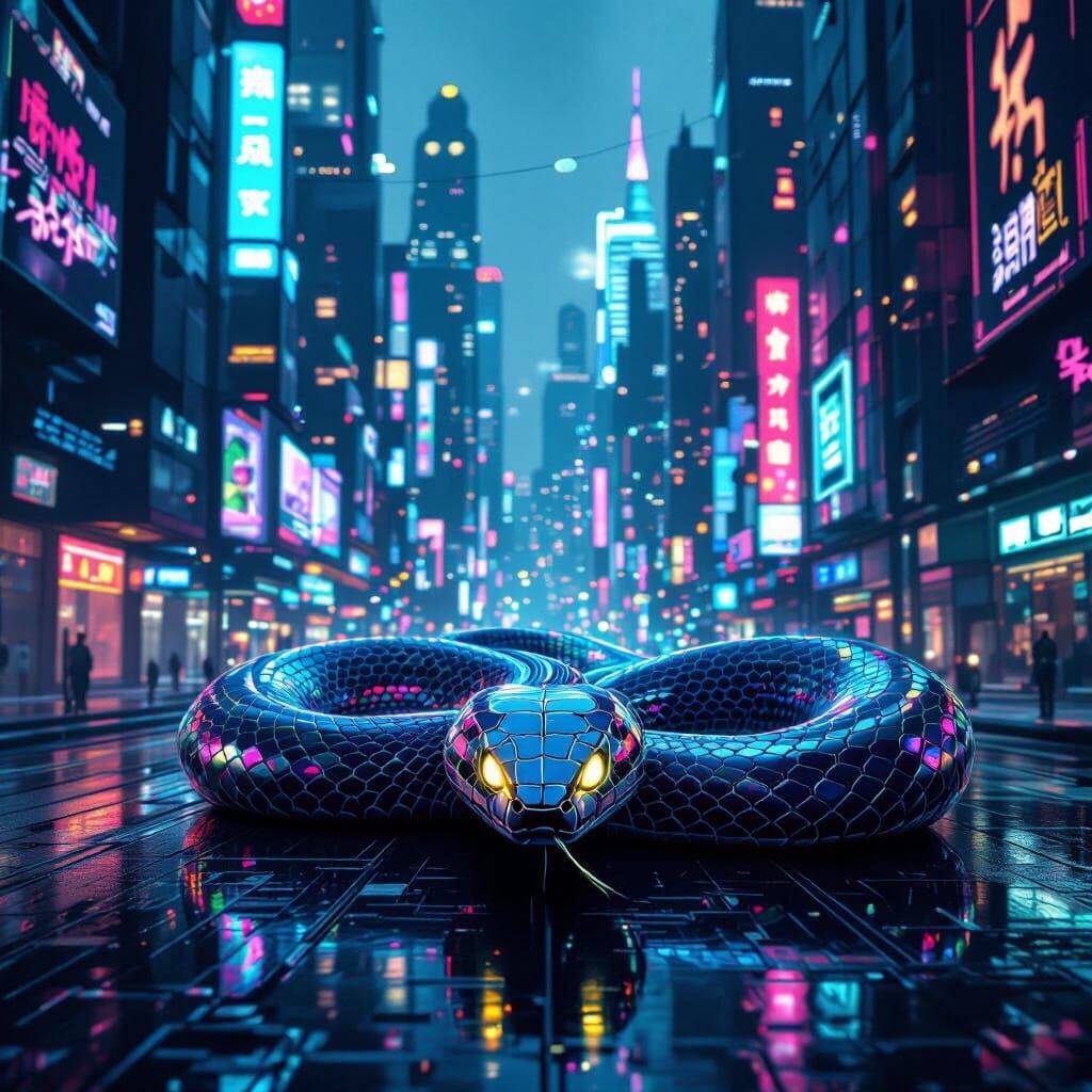 Futuristic Snake Navigates Neon Cityscape in Cyberpunk Style