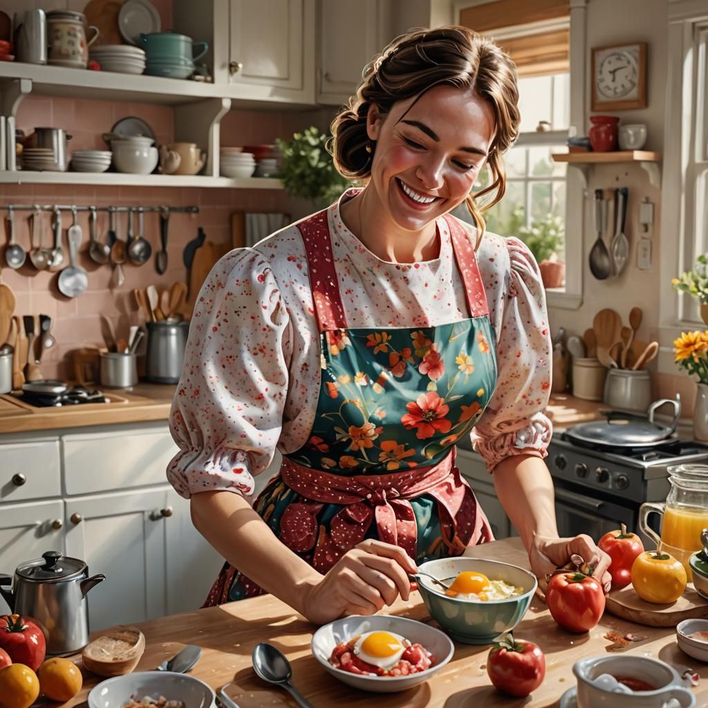 Happy Tradwife Making Breakfast in Artistic Realism
