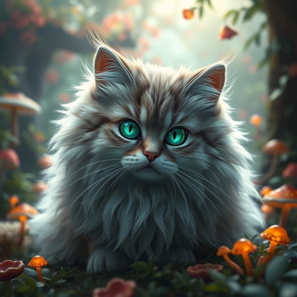 Hyper-Realistic Feline Fantasy in Whimsical Forest Landscape