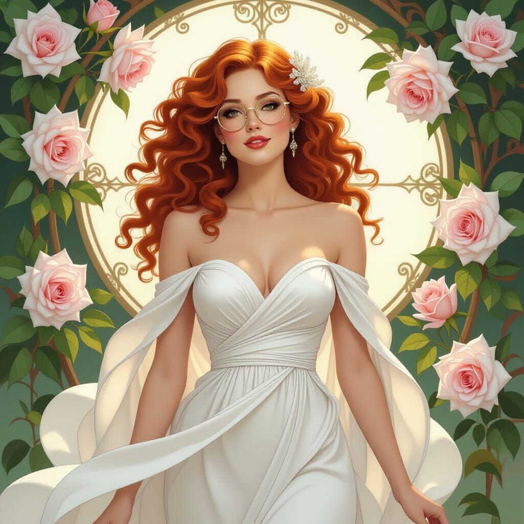 Art Nouveau Woman in Roses, Alphonse Mucha Style