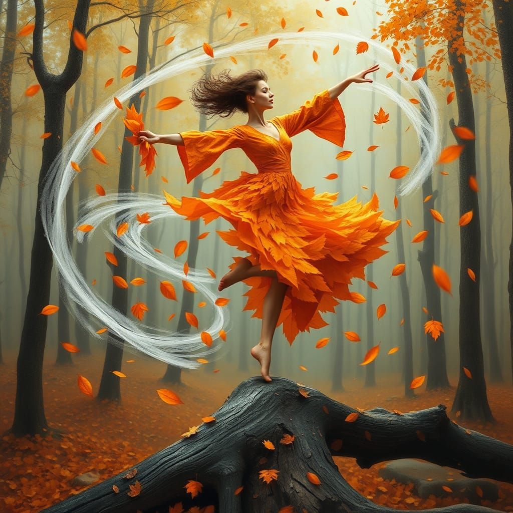 Balancing Dancer in Surreal Leaf Collage Dress