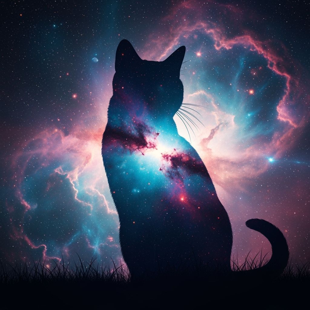 Cat Silhouette Over Swirling Nebula in Double Exposure