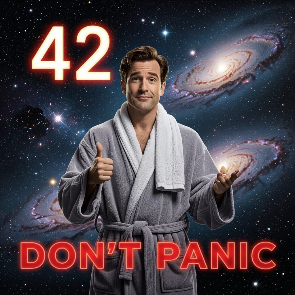 Hitchhiker's Guide: Man in Space with Glowing Text