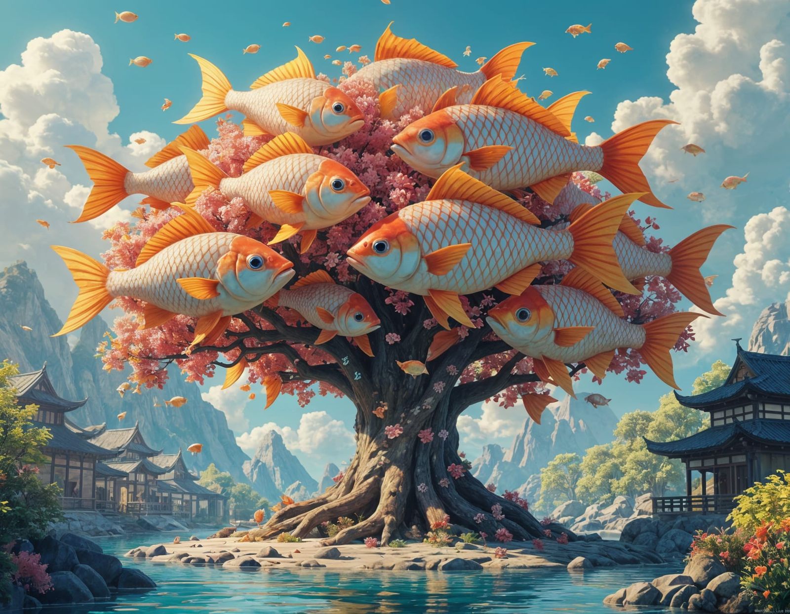 Surreal Fish Tree in 3D Anime Style