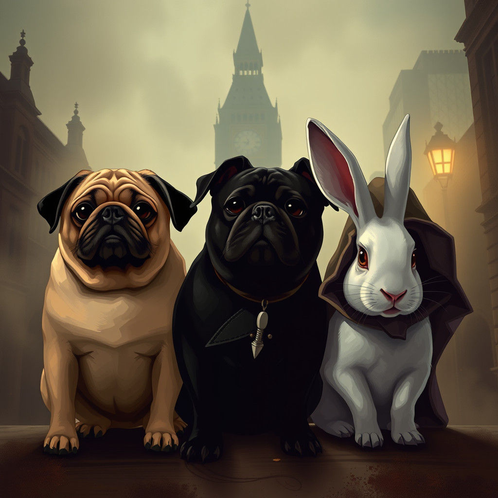 Pugs and Rabbit in Sherlock Style London