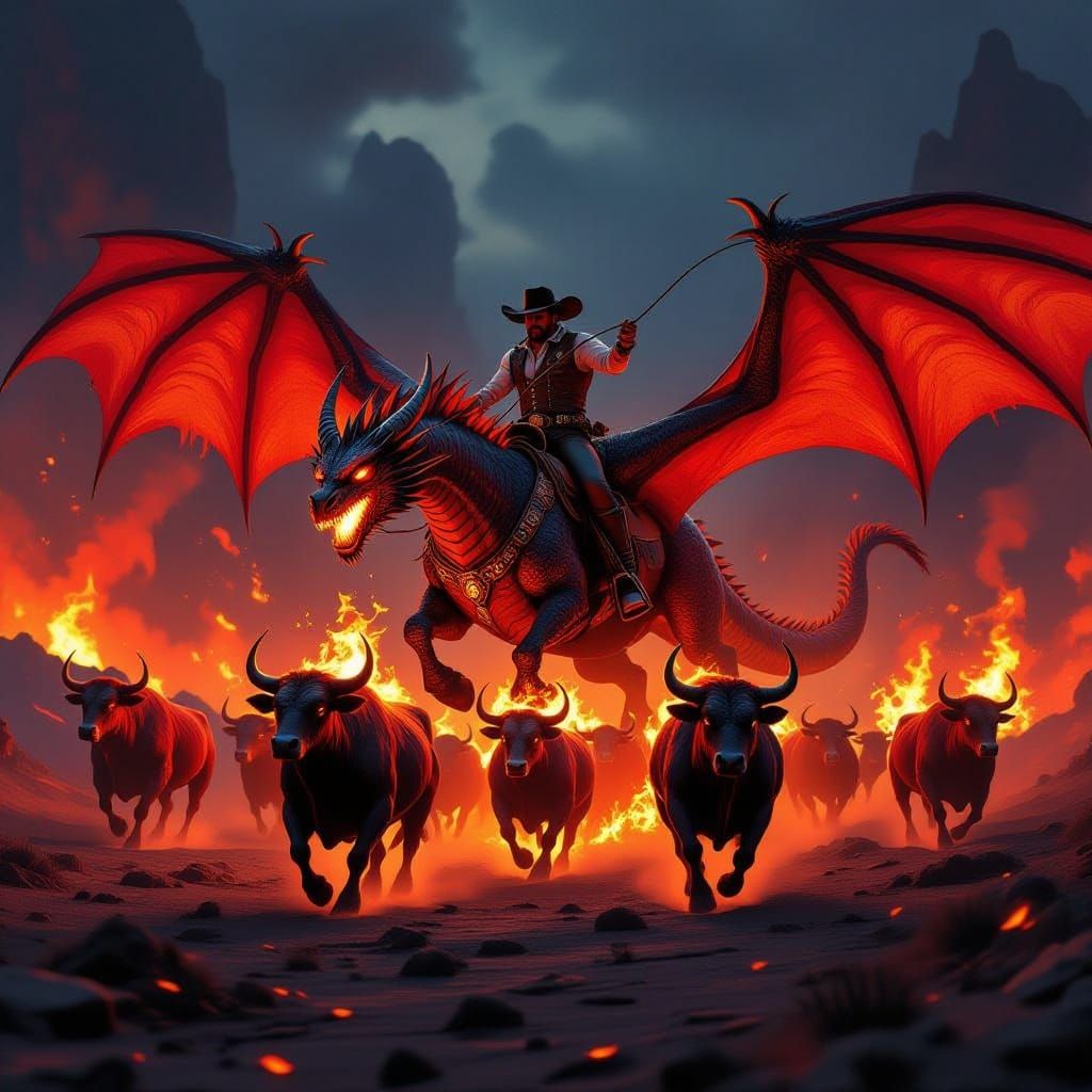 Cowboy Rides Dragon Lassoing Fire Cattle in Volcanic Landsca...