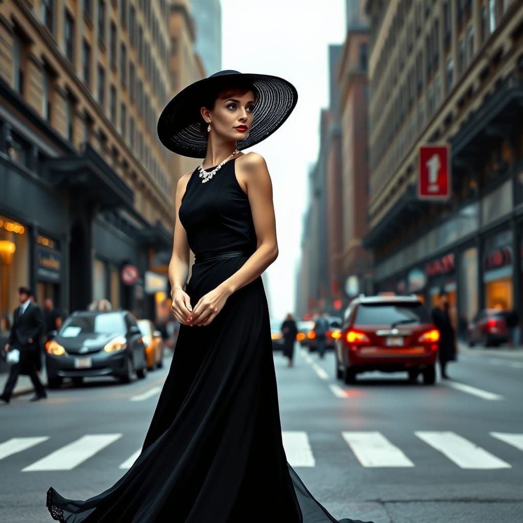 Elegant Woman in Black Dress, Art Nouveau Style