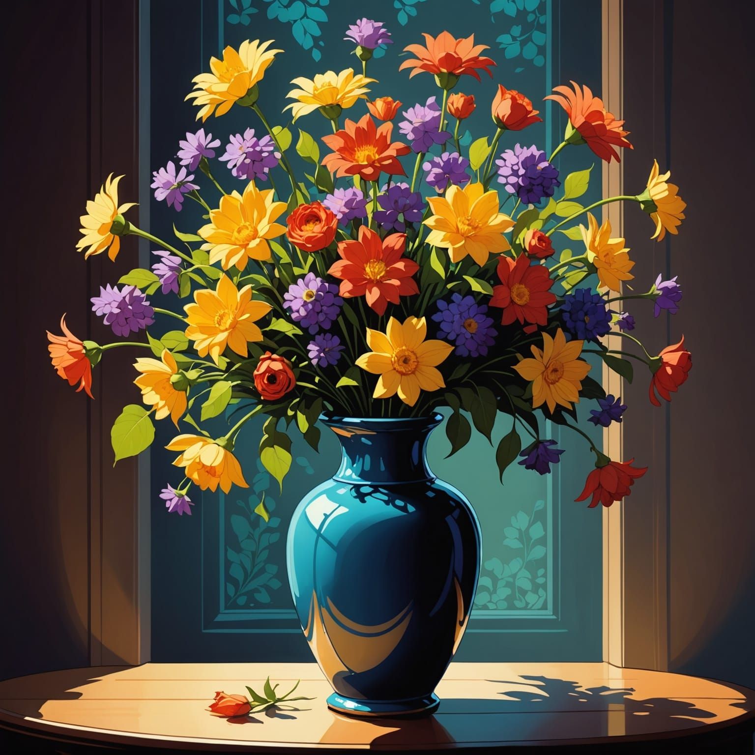 Radiant Vase of Flowers in Chiaroscuro Style
