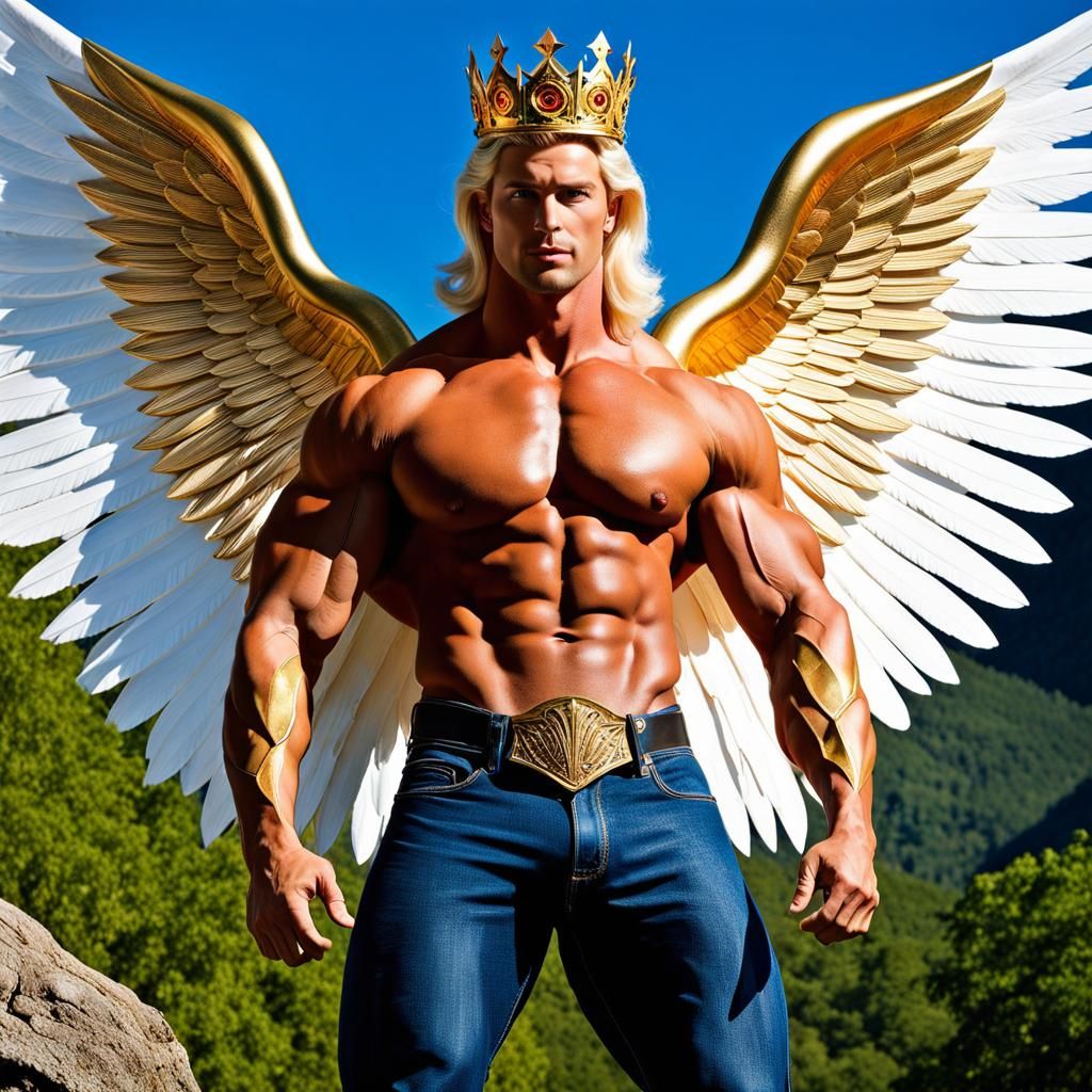 Warrior King with Angel Wings in Fantasy Landscape
