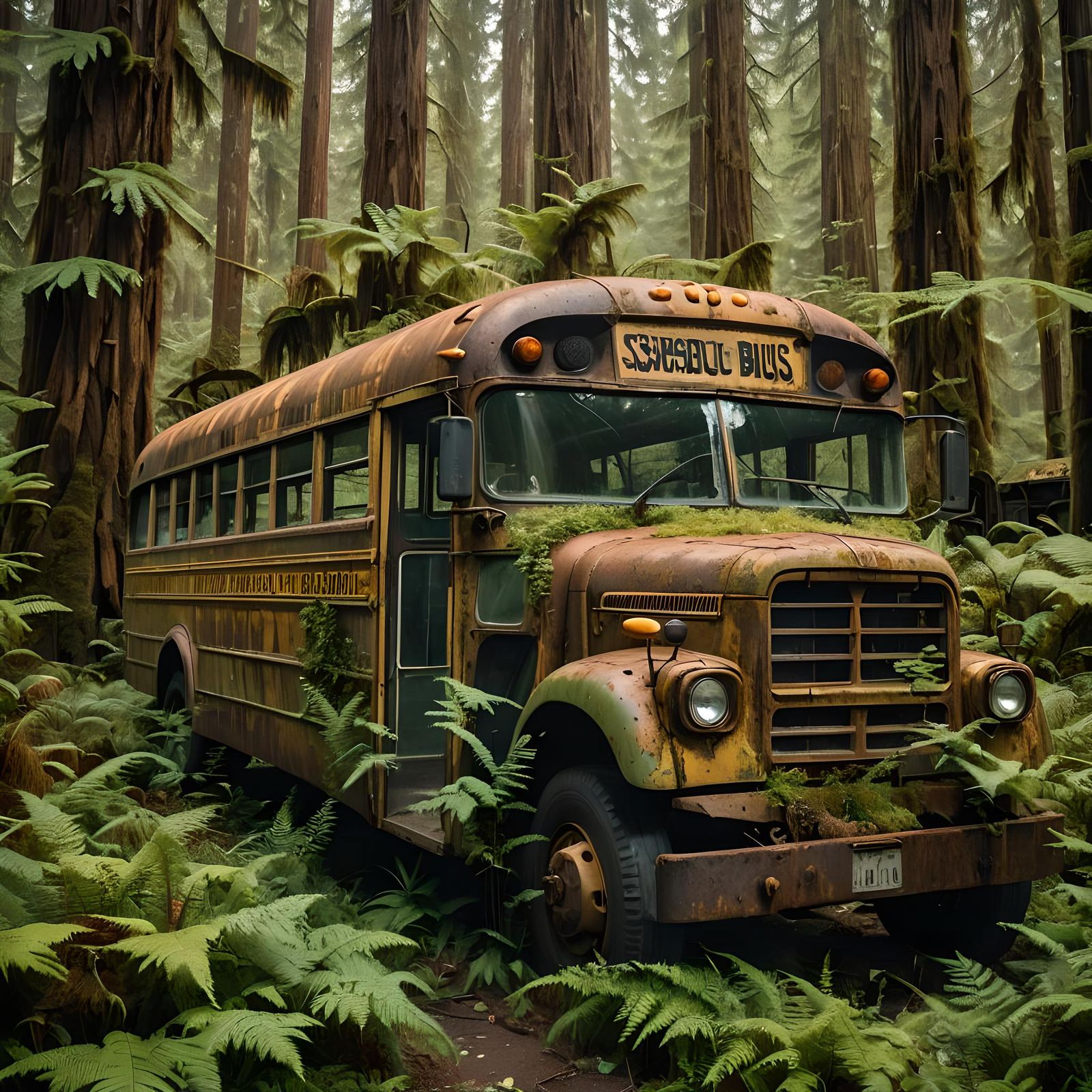 Abandoned School Bus in Redwood Forest: Cinematic Film Still