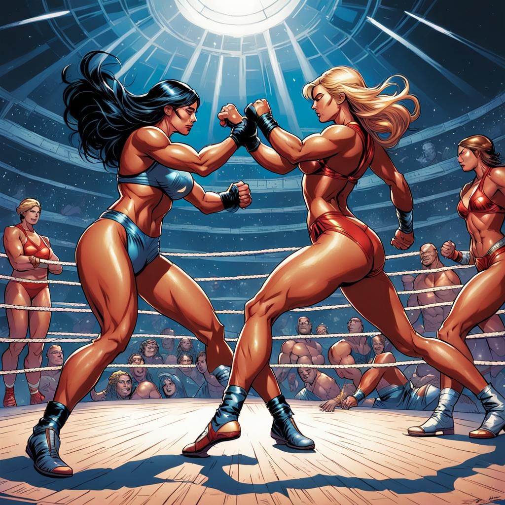 Superhero Bikini Wrestling in Comic Book Style