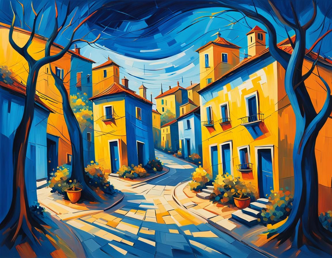 Fauvist Village: Twisted Trees and Buildings