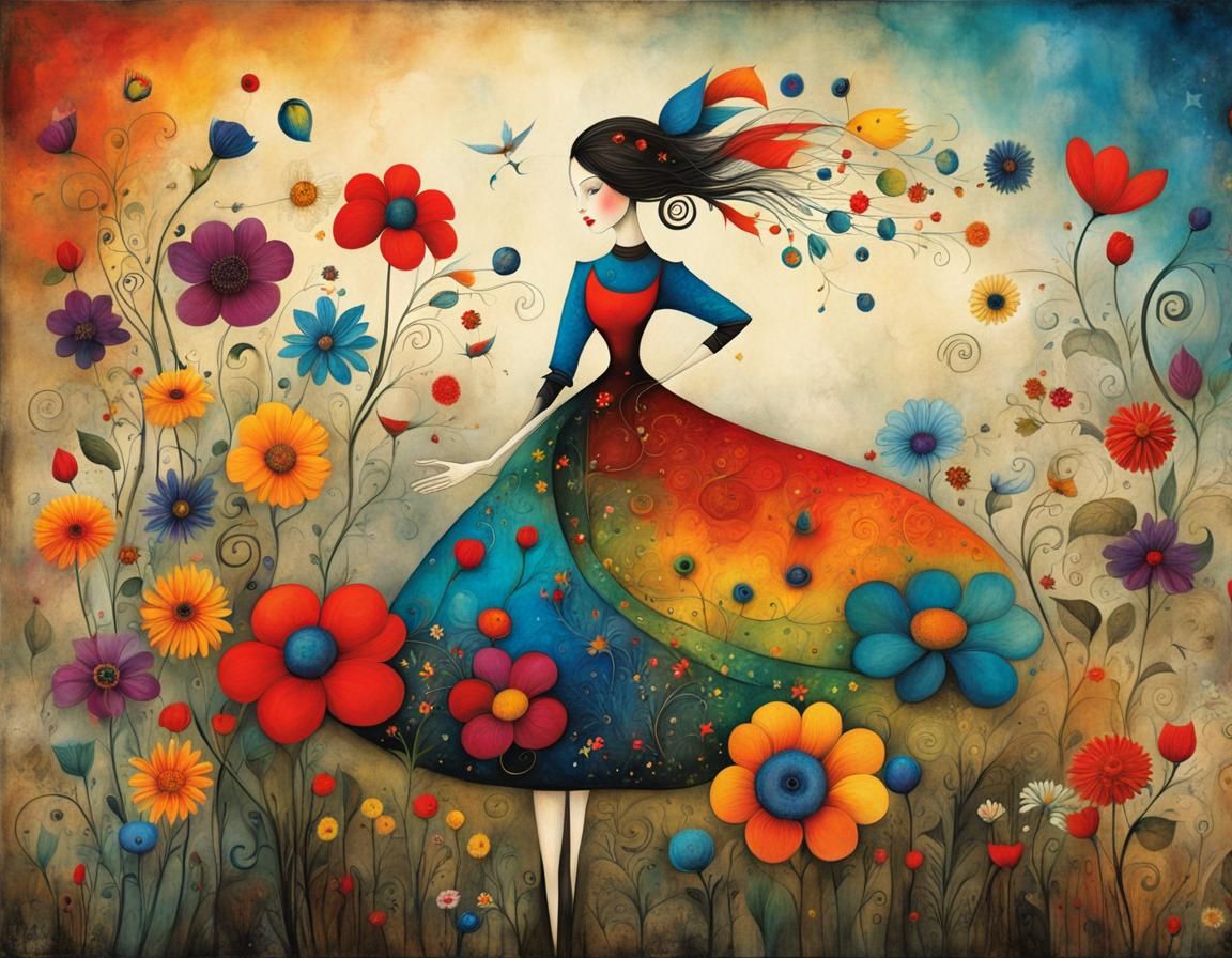 Woman with Flowers: Whimsical Fairytale Illustration