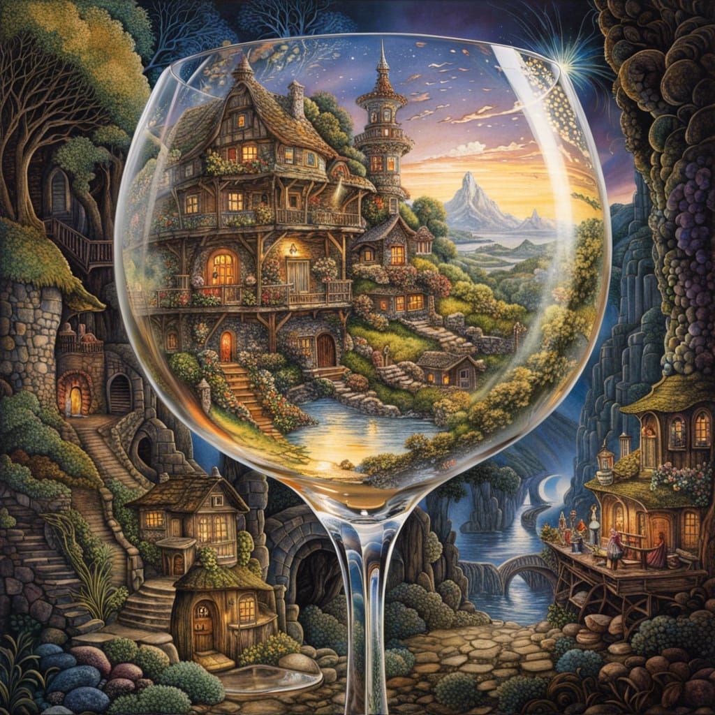 Fairy Town Inside Wine Glass, Fantasy Art